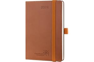 POPRUN Agenda 2024 Pequeña de Bolsillo 16 x 10,5 cm, Planificador Semanal 2024 con Porta Boligrafos Autoadhesivo, Planner Anual 2024 con Tapa Blanda, 100 gsm Papel Certificado FSC®, Marrón