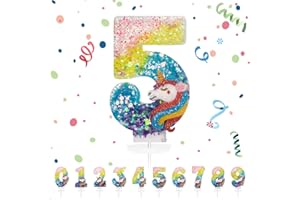 PARTYHAUSY Bougies d'anniversaire Numéro 5,3D Arc-en-ciel Licorne Bougie Chiffre 5,Licorne Decoration Gateau Anniversaire,Bougies Gâteau Topper Decoration,Pour Les Enfants, Adultes