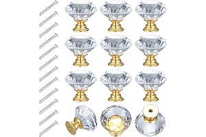 Bateya 12 Stück Kristall Türknauf Schubladenknöpfe, Kristall Tür- und Schubladenknöpfe aus Glas mit Schrauben für Kleiderschrank klarer Knopf (goldener Sockel)
