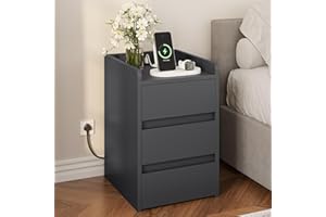 YITAHOME Bedside Table with 3 Drawers and Power Station, Modern Nightstand End Table, Water-Resistant Storage Side Table for Living Room and Bedroom, 35 x 40 x 59cm (Grey)