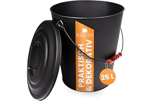 BLACK OAK Ascheeimer Santorini 25L – schwarz mit Deckel - XXL extra groß 25 Liter - Stahl feuerfest verzinkt & pulverbeschichtet Asche & Kohle Eimer Zubehör ideal für Kamin Kachelofen Holzofen