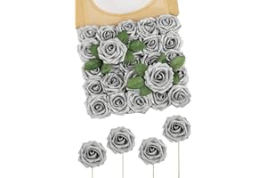 N&T NIETING Fiori artificiali, rosa glitterata, 25 pezzi, fiori finti, con steli, in finta pelle, per matrimoni, bouquet, feste, ufficio, bambini, doccia, casa, decorazione natalizia (Sliver)