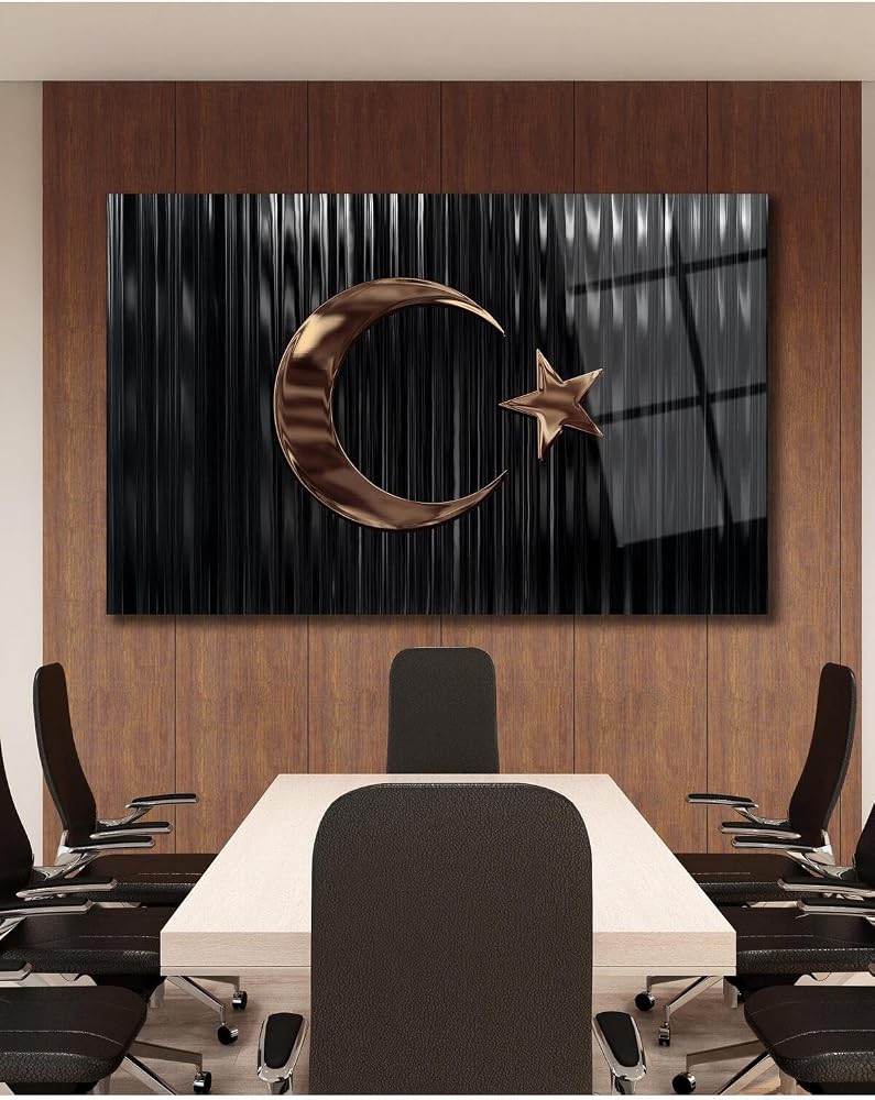 Türk Bayrağı Cam Tablo Bakır Renk Modern Ev Ofis Salon Kurum Hediyelik Tablo
