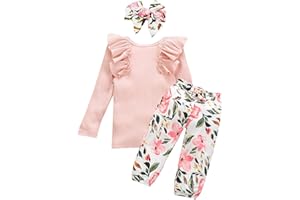OFIMAN Toddler Baby Girl Outfits Clothes Sets Little Kids Long Short Sleeve Ruffle Tops + Floral Pants + Bow Headband Fall
