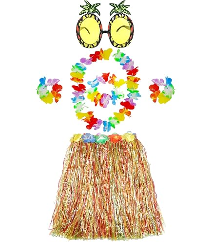 DAFNE Set De 6 Piezas Disfraz Hawaiano – Falda De Paja, Collar, Pulseras, Diadema, Gafas Y Pinza, Ideal Para Fiestas Temáticas