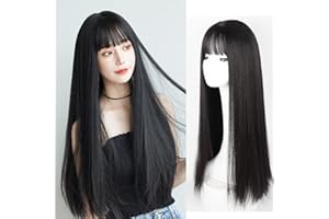 ANGGREK Długa Czarna Prosta, Peruka z grzywką Damska żaroodporna Modna Elegancka Peruka Syntetyczna 28,3 Cala