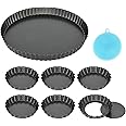 Highkit 7 Pack Tart Tins with Loose Base, Non Stick Flan Tin Mini 4 inch / 10 cm X6 and 11 inch / 28 cm X1 Fluted Round Pie Tin for Baking Quiche Pie Tartlet, Carbon Steel (10cm×6+28cm×1)