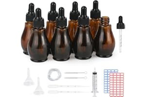 Reyshin 30ml Glass Dropper Bottles, 8 Pack Pear Shaped Amber Glass Bottle with Dropper Pipettes Refillable Sample Dropper Bottle for Essential Oil Massage Aromatherapy Eye Drops (Amber 30ml)