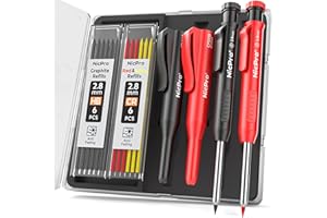 Nicpro 2 Pièces Crayons de Charpentier avec Taille Crayon, Porte-Mines avec 12 Recharges, Marqueurs de Trous Profonds, Crayon Chantier Robustes pour Architecte (Rouge, Noir)
