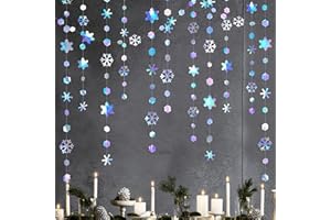 PINKBLUME 52 Ft Winter Wonderland Party Decorations Iridescent Snowflakes Garland Holographic Paper Snowflakes Streamer for Winter Onderland Christmas Frozen Birthday Wedding Baby Bridal Shower Party Supplies