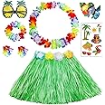 HBell 8pcs Hawaiian Hula Skirt Costume Set,40cm Hawaiian Grass Skirt,Hawaii Leis,Pineapple Glasses for Kids Fancy Dress Supplies Summer Beach Tropical Party Decorations
