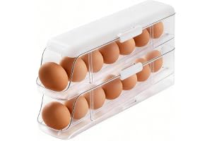PAVSTINE Organizador de Huevos para Nevera Desmontable, 2 Pisos con Tapa | Rodillos Automáticos Hueveras Capacidad para 14 Huevo, , Transparente Dispensador de Huevos para Nevera en PET