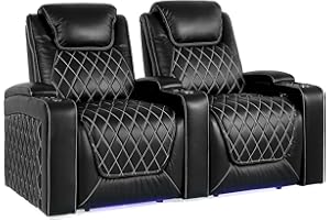 VALENCIA THEATER SEATING Valencia Oslo Home Theater Seating | Premium Top Grain Italian Nappa 11000 Leather, Power Recliner, Power Headrest, LED Lighting (Row of 2, Black)