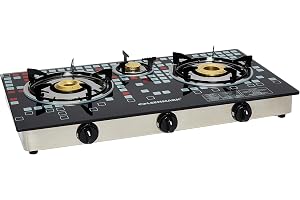Olsenmark Triple Burner Cooktop OMK2224 with Auto Ignition System, 8mm Tempered Glass Top, Cast Iron Burners, Stainless Steel Drip Tray, Easy Clean Design, Heavy Vessel Support, Black