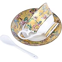 fanquare 200 ml Flora und Vogel Kaffeetasse und Untertasse, Golden Porzellan Teetasse Set, Cappuccino Tassen