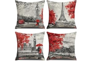 KSSKEN Fundas Cojines 45x45cm, Juego de 4 Fundas de Cojines Torre París Algodón Lino Decorativa Hogar Almohadas Fundas para Sala Sofá Cama Decoración para Hogar