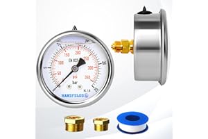 Hansfelds pressure gauge63mm*1/4"BSP,back mount filledcase glass window, brass internal and connection dual scale bar/psi, accuracy 1.6 (0-25 bar)