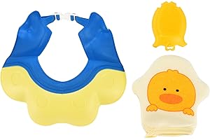 TRANQUILBEAUTY Tranquil Beauty | Baby Bath Shower Cap Visor Rinser Soft Set - Tear-Free Shampoo Shield for Kids, Premium Quality Baby Brush, and Gentle Exfoliating Sponge for Fun Bath Time - Blue and Yellow