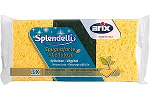 ARIX | 3 Spugne con Cellulosa Vegetale Per Lo Sporco Ostinato, Spugne Cucina Maxi Assorbenza Della Linea Splendelli, Spugna con Fibra Abrasiva Forte, 3 Pezzi - Made In Italy