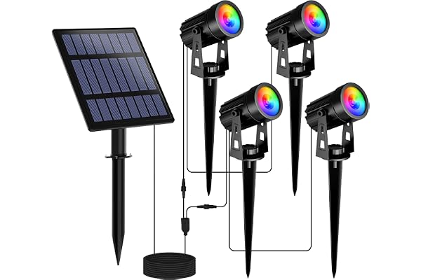 T-SUNUS Spot Solaire Exterieur Multicolore, Lampe Solaire Exterieur Jardin RGB avec 6 Couleurs Etanche IP65 avec 4 Pack 3M Câble pour Allée Jardin Garage