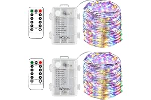 BXROIU Łańcuch świetlny LED na baterie, srebrny drucik, 2 × 50 diod mikro LED, 8 trybów świecenia z pilotem i funkcją timera, dekoracyjne lampki do wnętrz i na zewnątrz (wielokolorowe)