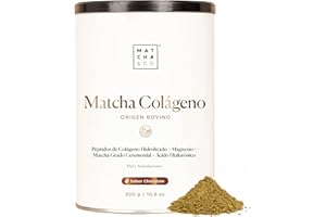 MATCHA & CO Colágeno con Té Matcha, Magnesio y Ácido Hialurónico. Articulaciones, piel y uñas. Colágeno tipo I y III 300 g matcha colágeno en polvo. Sin Gluten, sin azúcares añadidos. (Chocolate)