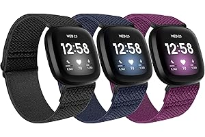 SHIJZWD 3 Packs Elastic Watch Strap Compatible with Fitbit Versa 3/Fitbit Sense, Soft Breathable Nylon Sports Loop Band Stretchy Adjustable Replacement Wristband for Women Men (Black+Indigo+Purple)