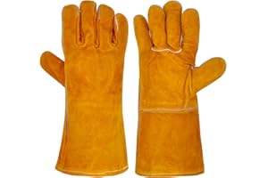 WOKICOR Feuerfeste Kaminhandschuhe und Grillhandschuhe Herren, Hitzeschutz Handschuh,Hitzebeständige Schweißerhandschuhe,Ofen Kaminofenhandschuhe, Braun, Robust Sicher,Handschuhe Hitzebeständig