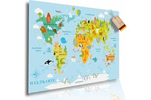 ‎LINEO Lineo® Bunte Weltkarte für Kinder XL 60x42 cm Kinderweltkarte Poster World Map Lern- und Spaßkarte für junge Entdecker mit Tieren & Kontinenten Kunstdruck