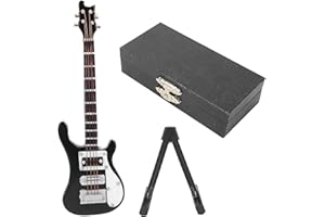 JWTHEE Mini Electric Bass Guitar Model, Wooden Miniature Electric Guitar with Stand Music Ornament Miniature Dollhouse Model Simulation Bass Model Musical Instrument Ornaments (Black)