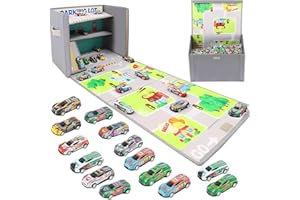 iFunLong 3-in-1 Toy Car Storage Box: 20 Cars Included, Car Garage Toy with Play Mat & Parking Garage - Foldable & Portable Kids Toy Library