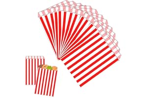 MIENOCOL 100 Rote Gestreifte Papiertüten, 12x18cm, SchenkePapiertüten, Schokolade, Bonbons und Plätzchen Für Kinder,Pommes und Dergleichen, Feten Für die Weihnachtsfeier und die Geburtstage.