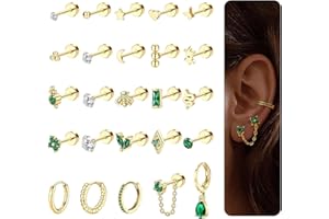 FIOROYAL 25Pcs Piercing Ohr Gold,20G Helix Piercings Chirurgenstahl Medizinische Ohrringe für Damen,14K Vergoldet Ohrstecker Set,Klein Creolen Gold Ohrringe Grün,Conch Tragus Piercing Gold Silber
