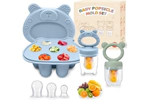 ZUFIO Fruchtsauger Baby – Fruchtsauger Baby ab 6 Monate (2 Fruchtsauger + 2 Silikonbeutel + 1 Gefrierbehälter) Perfekt für Babynahrung, Muttermilch - Selbstständiges Füttern (Blau/Grün 2+1)