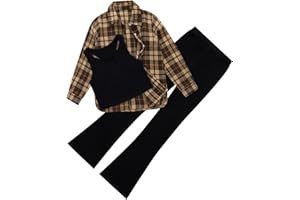 Naiyafly Girls 3 Piece Outfits Kids Cami Top + Flare Pants Set with Plaid Shirt Set Youth Girls Long Jacket Tanks Top Flare Leggings Bell Bottom Clothes