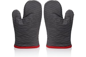 GHONLZIN Gants de Four, Gants de Cuisine en Silicone Résistant à Chaleur avec Doublure en Coton et Surface Antidérapante, Conception rayée Gant Four Lavable pour la Cuisine, la Cuisson, Le Barbecue