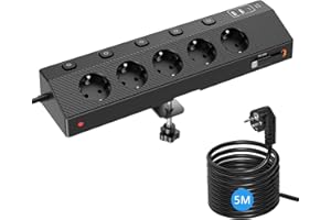 Steckdosenleiste Tischsteckdose mit 2 USB PD 30W, 5 Fach Mehrfachsteckdose Steckerleiste Schreibtisch mit Überspannungsschutz & Einzelschalter, 10-in-1 Ecksteckdose mit 5M Kabel für Werkbank, Schwarz