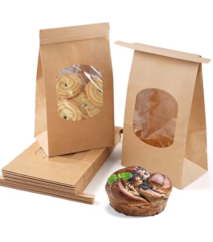25 stuks bruine papieren zakjes van kraftpapier met venster, inclusief 36 stuks handgemaakte stickers, 17 x 9 x 6 cm broodzakken, papieren sluitclips, bakzakjes, kleine broodzakken voor gebak, snoep
