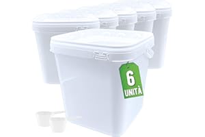 Üka • 6 Secchi Bianchi in Polipropilene da 5,4 L - 20x20x20,5 cm. Secchi di Plastica Rigida con Coperchio. Contenitori Ermetici per Alimenti. Secchi Vuoti con Manico. Design Impilabile e Senza BPA.