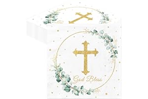 BUSCANDO Cross First Holy Communion Napkins First Holy Communion Decorations Cross God Bless Napkins Eucalyptus Green Napkins First Communion Baptism Decorations for Christening Celebration Baby Shower (40Pcs)