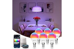 Aigostar Lampadine Alexa, Lampadine Wifi G45 E14 6.5W, Lampadina Smart RGBCW Compatibile con Alexa/Google Home, Nessun Hub Richiesto. Funzionamento a Distanza, Controllo Vocale, 6 Unità.