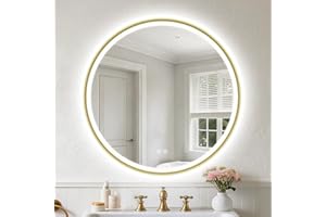 S'bagno Round Bathroom Mirror with Lights 600mm, Illuminated LED Mirror Bathroom with Aluminum Frame, Anti-Fog, 3000-6500K, HD Tempered Glass, IP44 Waterproof, Memory, Golden