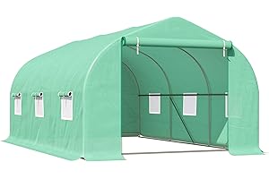 Outsunny Serra per Orto con 6 Finestre e Porta Avvolgibile, Serra da Giardino a Tunnel con Tetto Spiovente in PE e Tubi d'Acciaio, 4.5x3x2m, Verde Scuro