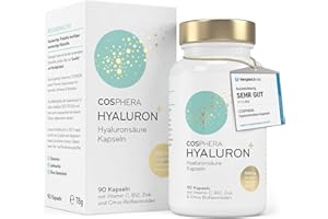 ‎COSPHERA Hyaluronsäure Kapseln hochdosiert mit 500 mg pro Kapsel - 90 vegane Hyaluron Kapseln im 3 Monatsvorrat - 500-700 kDa I Angereichert mit Zink als Beitrag zum Erhalt normaler Haut und Knochen.