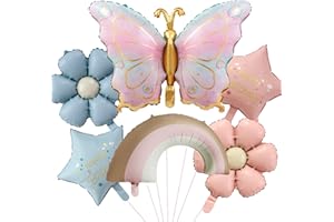 DazzJoy 6 Stk Schmetterling Folienballon,XXL Schmetterlinge Luftballons Geburtstag Set,Regenbogen Gänseblümchen Helium Ballon,Happy Birthday Luftballon für Junge Mädchen Geburtstag Jubiläum Party Deko