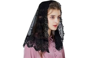 RUNRAYAY Voile de dentelle floral noir, couvre-chef brodé, mantille de messe latine, voile d'église, foulard court pour femmes mariées.