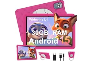 DMOAO Tablette Enfants 10 Pouces Android 15 avec 30Go RAM (TF 2To), 5G WI-FI 6, Widevine L1, Contrôle Parental, 8-Core, Tablette Tactile avec Coque Antichoc EVA + Support Rotatif à 360°, Rose Rouge