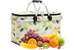 Bavokon Insulated Picnic Bag, Collapsible Beach Basket Lunch Bag, Collapsible Picnic Baskets Leak-Proof, Portable Camping Cooler for Road Trips Grocery Shopping