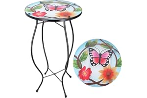 GEEZY Mosaic Garden Table – Small Butterfly Design, Weatherproof Glass & Iron, Small Round Outdoor Patio Coffee Versatile Bistro Side Table Plant Stand for Home & Gift, 30.5 cm, Garden Tables Only