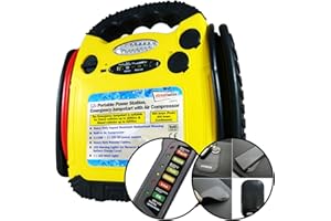 4TRESS PP1 Portable Power Pack - 900 Amp Emergency Jump Starter with 260 psi Air Compressor, 12 V Battery, Adapter Kit, LED Warning Lights with Car Battery Alternator Tester and Non Slip Car Dash Mat